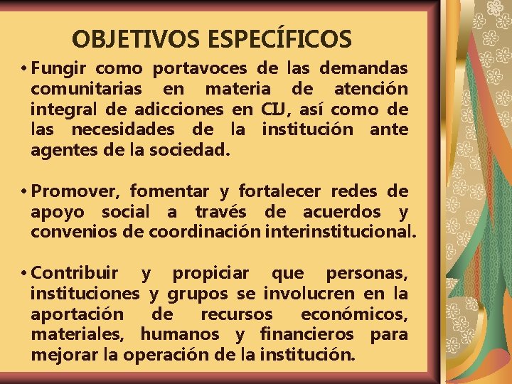 OBJETIVOS ESPECÍFICOS • Fungir como portavoces de las demandas comunitarias en materia de atención