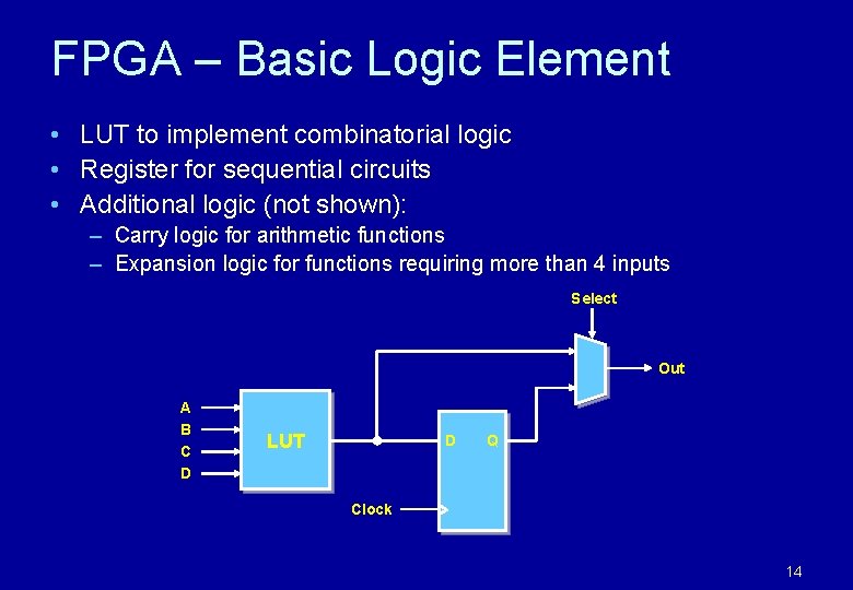 FPGA – Basic Logic Element • LUT to implement combinatorial logic • Register for FPGA – Basic Logic Element • LUT to implement combinatorial logic • Register for