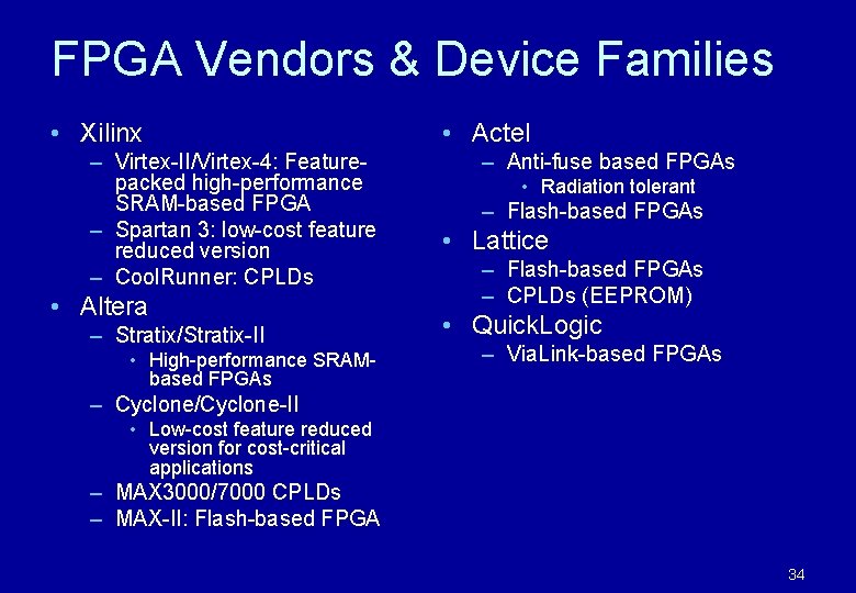FPGA Vendors & Device Families • Xilinx – Virtex-II/Virtex-4: Featurepacked high-performance SRAM-based FPGA – FPGA Vendors & Device Families • Xilinx – Virtex-II/Virtex-4: Featurepacked high-performance SRAM-based FPGA –