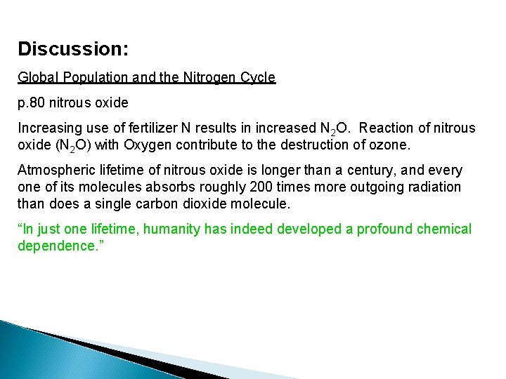 Discussion: Global Population and the Nitrogen Cycle p. 80 nitrous oxide Increasing use of