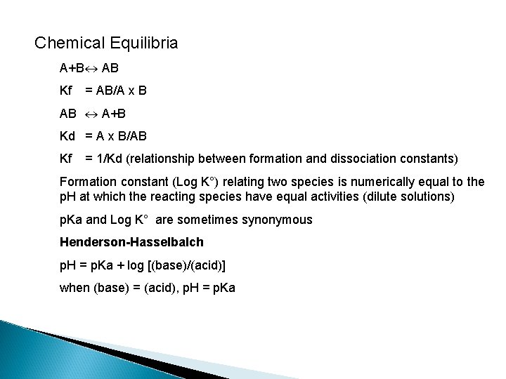 Chemical Equilibria A+B AB Kf = AB/A x B AB A+B Kd = A