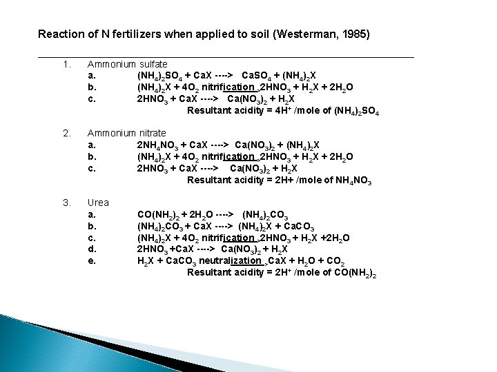 Reaction of N fertilizers when applied to soil (Westerman, 1985) ___________________________________ 1. Ammonium sulfate