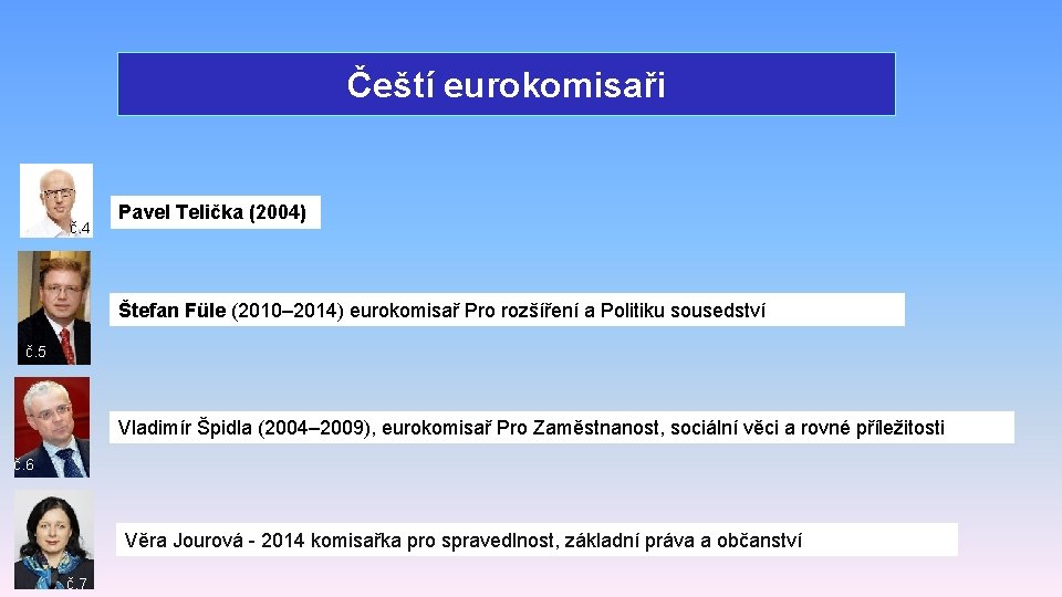 Čeští eurokomisaři č. 4 Pavel Telička (2004) Štefan Füle (2010– 2014) eurokomisař Pro rozšíření