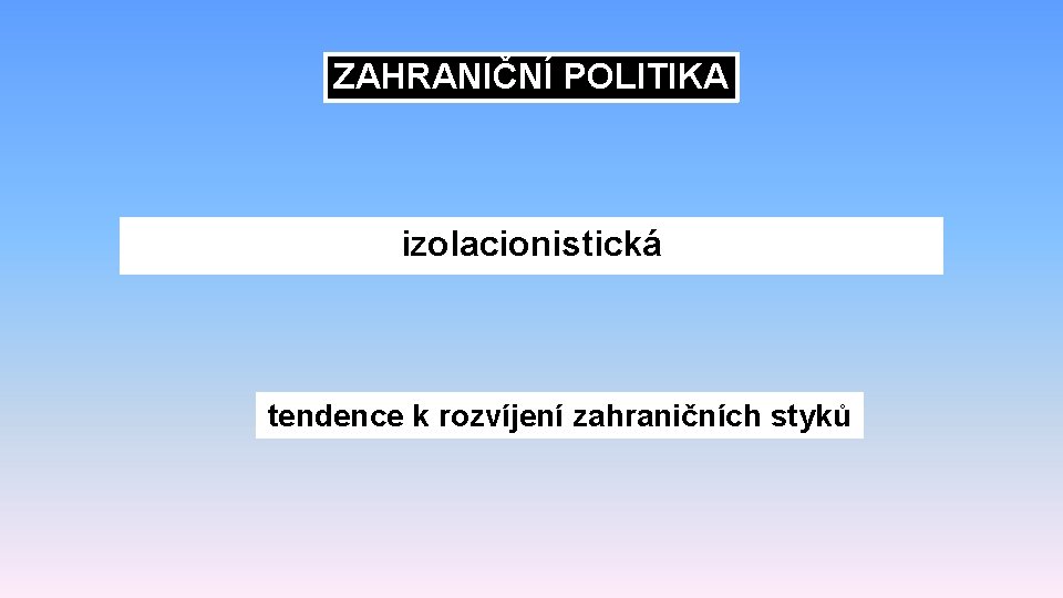 ZAHRANIČNÍ POLITIKA izolacionistická tendence k rozvíjení zahraničních styků 