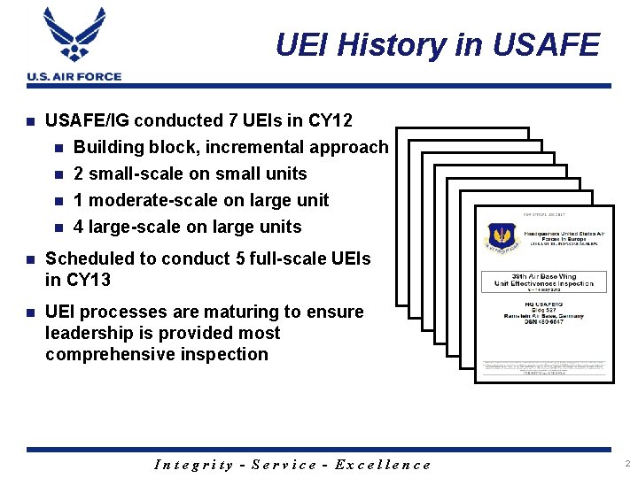 UEI History in USAFE/IG conducted 7 UEIs in CY 12 n Building block, incremental