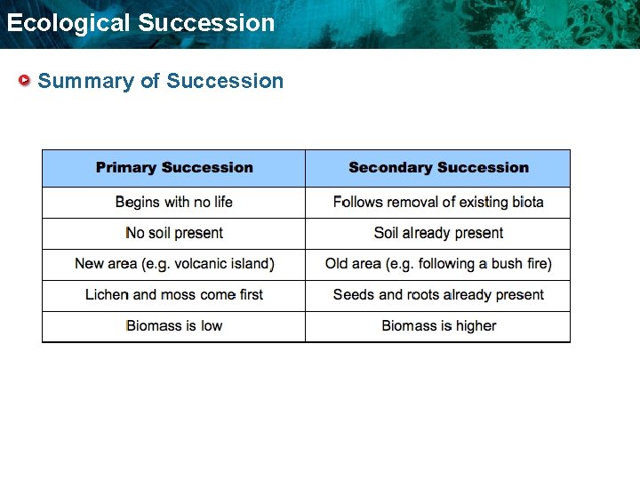 Ecological Succession Summary of Succession 