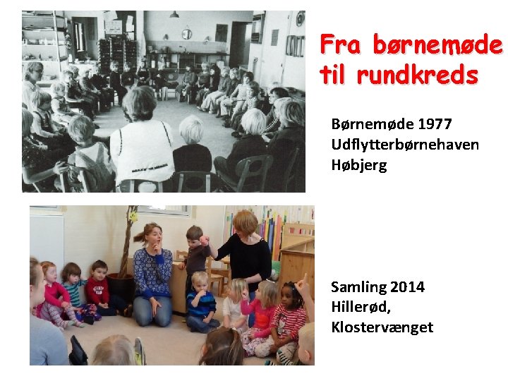 Fra børnemøde til rundkreds Børnemøde 1977 Udflytterbørnehaven Høbjerg Samling 2014 Hillerød, Klostervænget 