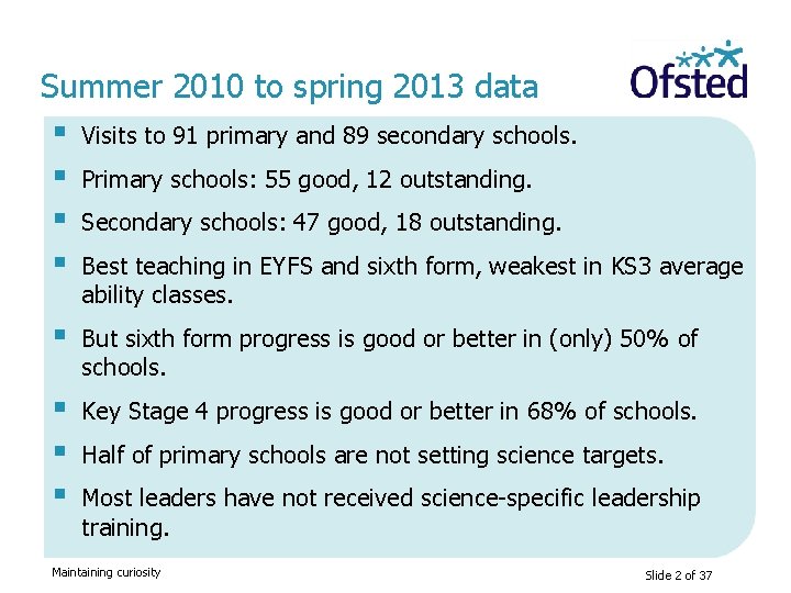 Summer 2010 to spring 2013 data § Visits to 91 primary and 89 secondary