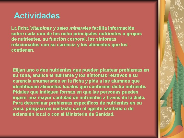 Actividades La ficha Vitaminas y sales minerales facilita información sobre cada uno de los