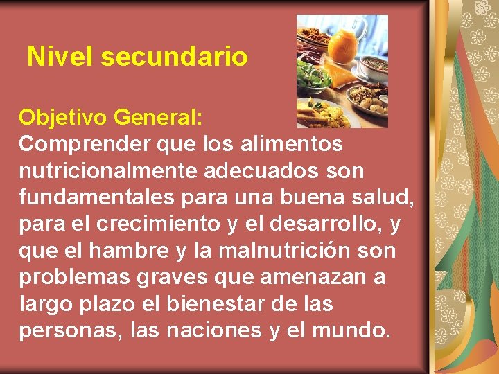 Nivel secundario Objetivo General: Comprender que los alimentos nutricionalmente adecuados son fundamentales para una