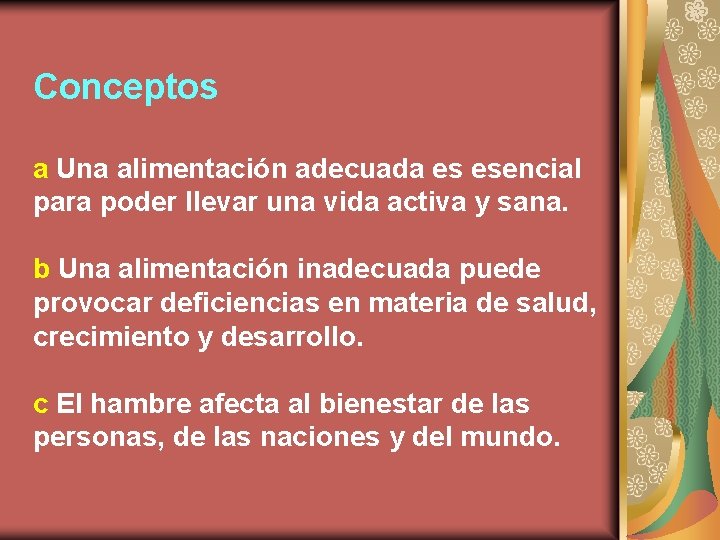 Conceptos a Una alimentación adecuada es esencial para poder llevar una vida activa y