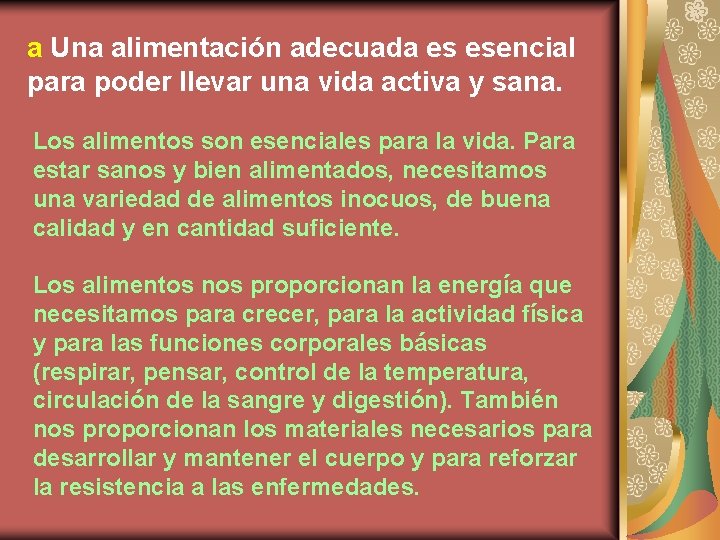 a Una alimentación adecuada es esencial para poder llevar una vida activa y sana.