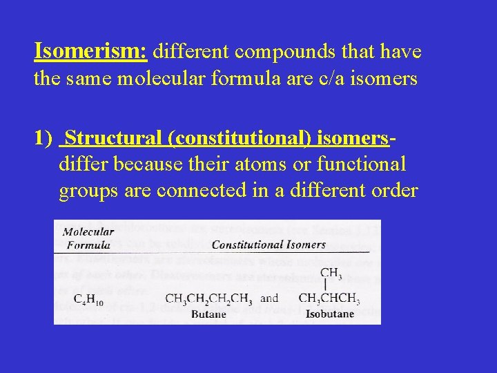 Isomerism: different compounds that have the same molecular formula are c/a isomers 1) Structural
