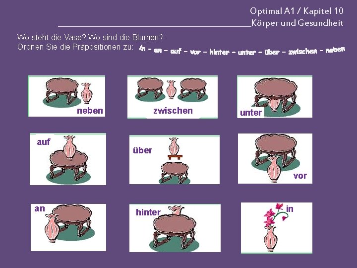 Optimal A 1 / Kapitel 10 _________________________Körper und Gesundheit Wo steht die Vase? Wo