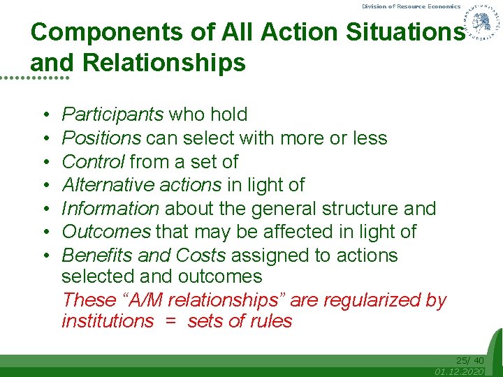 Division of Resource Economics Components of All Action Situations and Relationships • • Participants