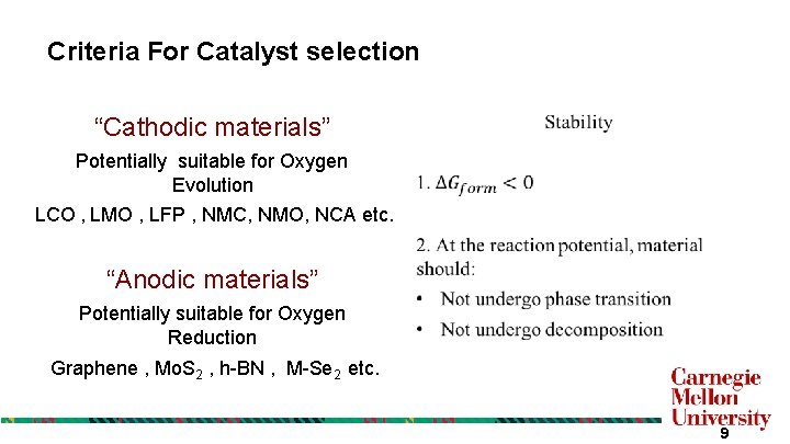 Criteria For Catalyst selection “Cathodic materials” Potentially suitable for Oxygen Evolution LCO , LMO Criteria For Catalyst selection “Cathodic materials” Potentially suitable for Oxygen Evolution LCO , LMO