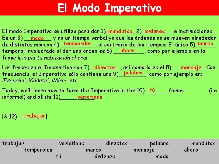 El Modo Imperativo mandatos 2)_____ órdenes El modo Imperativo se utiliza para dar 1)____,