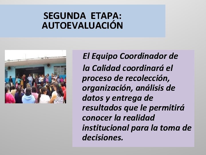 SEGUNDA ETAPA: AUTOEVALUACIÓN El Equipo Coordinador de la Calidad coordinará el proceso de recolección,