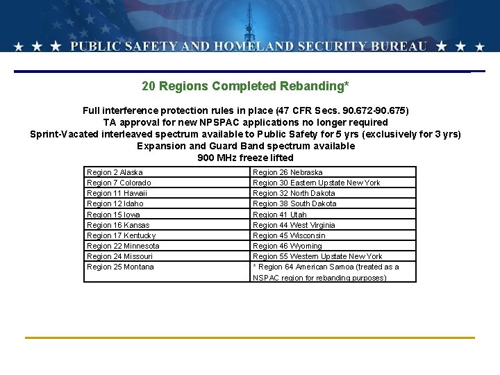20 Regions Completed Rebanding* Full interference protection rules in place (47 CFR Secs. 90.