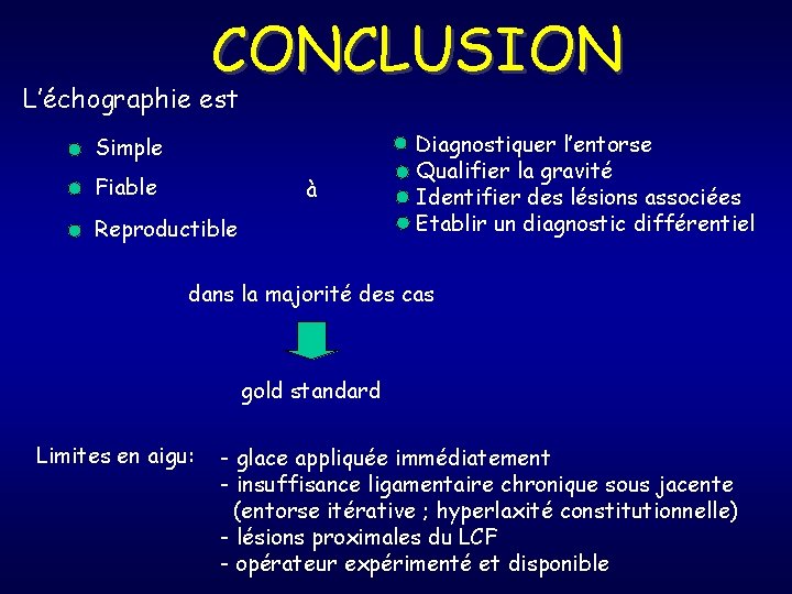 CONCLUSION L’échographie est Simple Fiable à Reproductible Diagnostiquer l’entorse Qualifier la gravité Identifier des