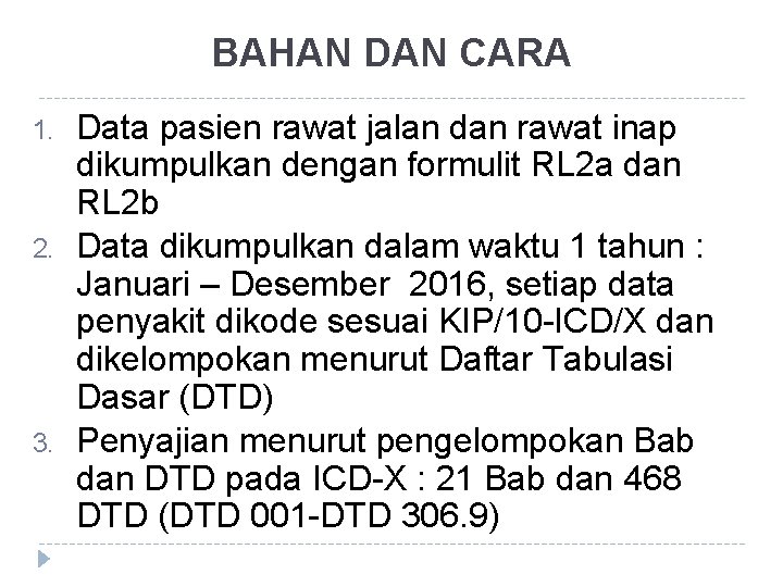 BAHAN DAN CARA 1. 2. 3. Data pasien rawat jalan dan rawat inap dikumpulkan