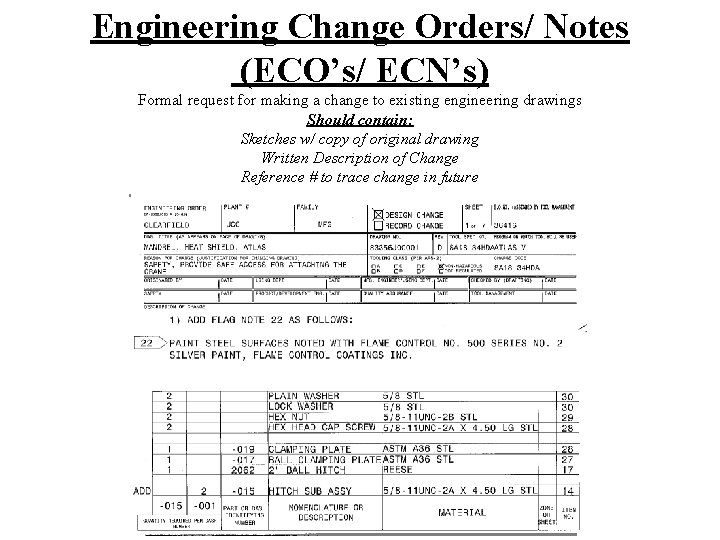 Engineering Change Orders/ Notes (ECO’s/ ECN’s) Formal request for making a change to existing