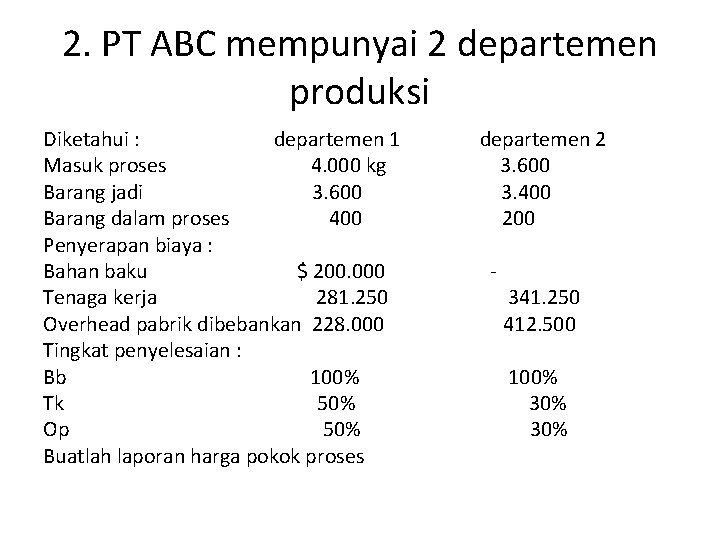 2. PT ABC mempunyai 2 departemen produksi Diketahui : departemen 1 Masuk proses 4.