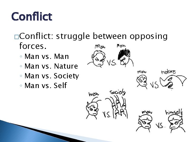 Conflict �Conflict: forces. ◦ Man vs. vs. struggle between opposing Man Nature Society Self