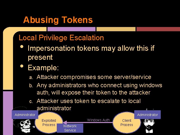 Abusing Tokens Local Privilege Escalation Impersonation tokens may allow this if present Example: •