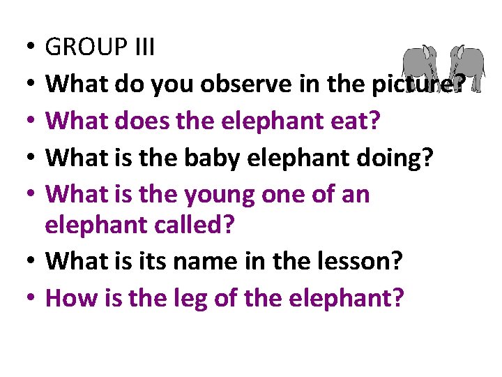 GROUP III What do you observe in the picture? What does the elephant eat?
