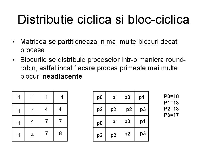 Distributie ciclica si bloc-ciclica • Matricea se partitioneaza in mai multe blocuri decat procese