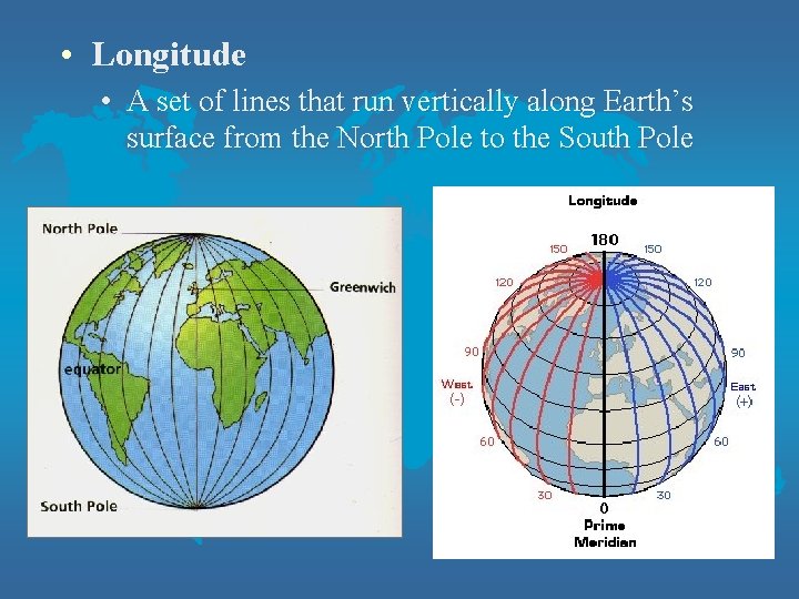  • Longitude • A set of lines that run vertically along Earth’s surface