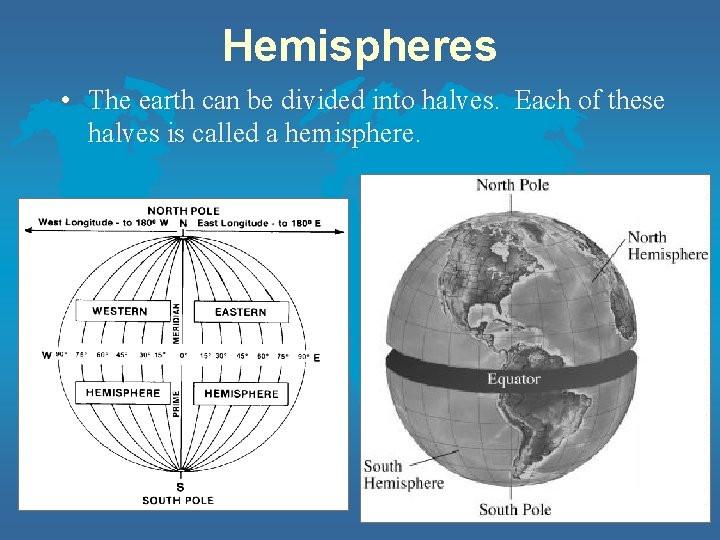 Hemispheres • The earth can be divided into halves. Each of these halves is