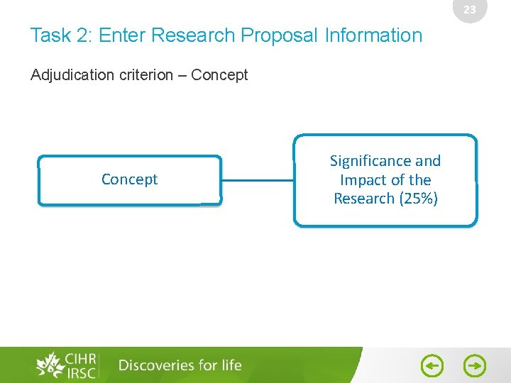 23 Task 2: Enter Research Proposal Information Adjudication criterion – Concept Significance and Impact