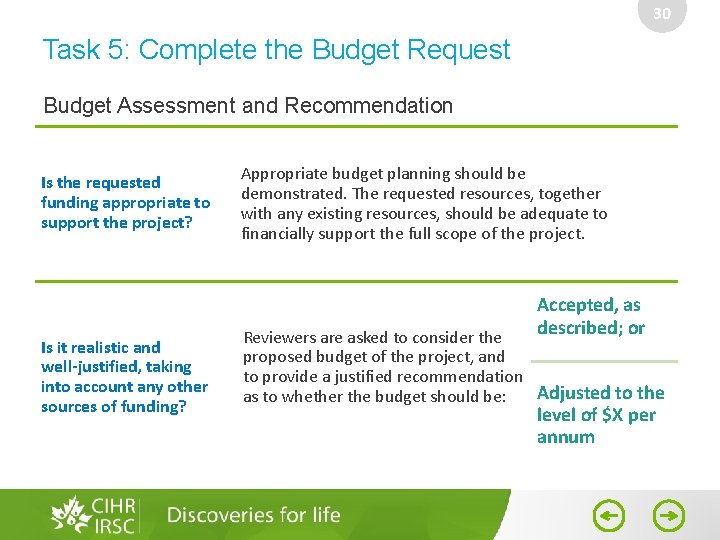 30 Task 5: Complete the Budget Request Budget Assessment and Recommendation Is the requested
