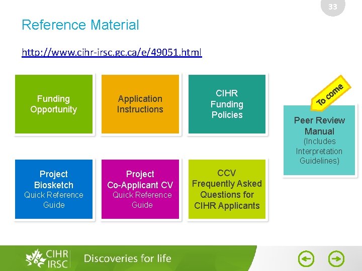 33 Reference Material http: //www. cihr-irsc. gc. ca/e/49051. html Funding Opportunity Application Instructions CIHR