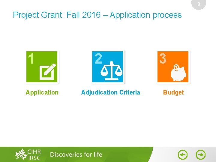 8 Project Grant: Fall 2016 – Application process 1 Application 2 Adjudication Criteria 3