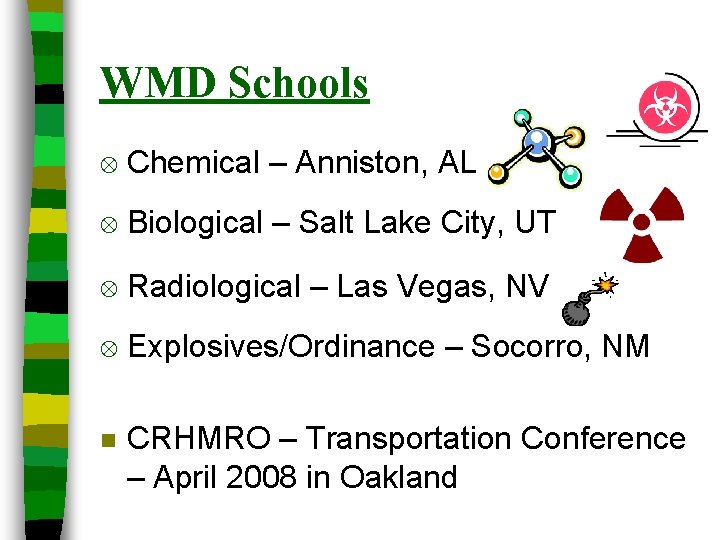 WMD Schools Ä Chemical – Anniston, AL Ä Biological – Salt Lake City, UT