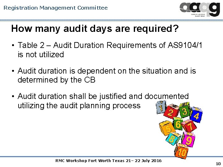 Registration Management Committee How many audit days are required? • Table 2 – Audit