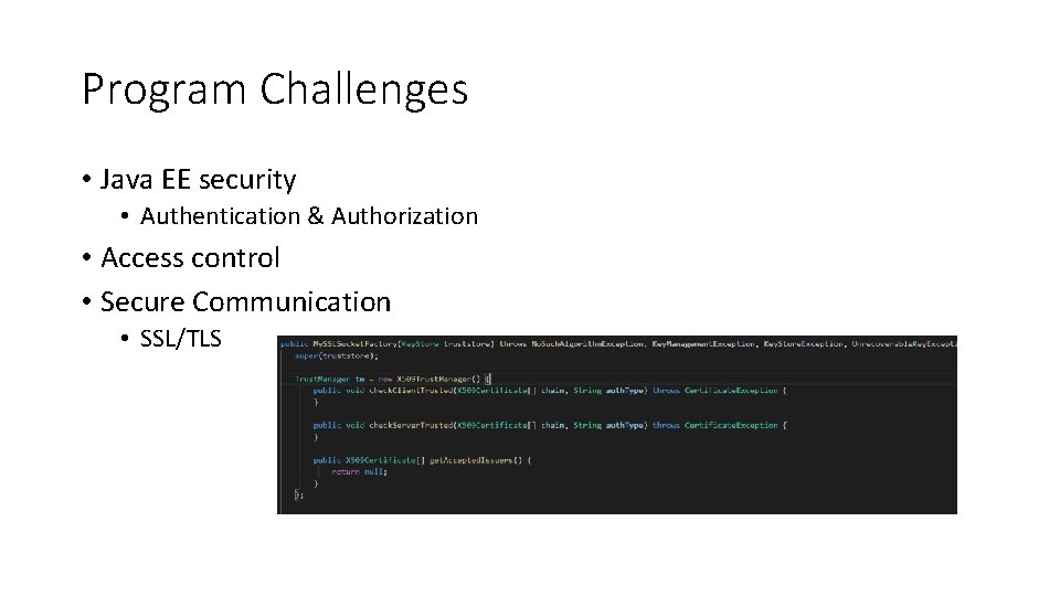 Program Challenges • Java EE security • Authentication & Authorization • Access control •