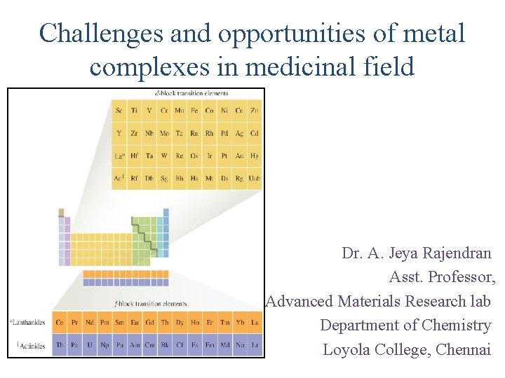 Challenges and opportunities of metal complexes in medicinal field Dr. A. Jeya Rajendran Asst.