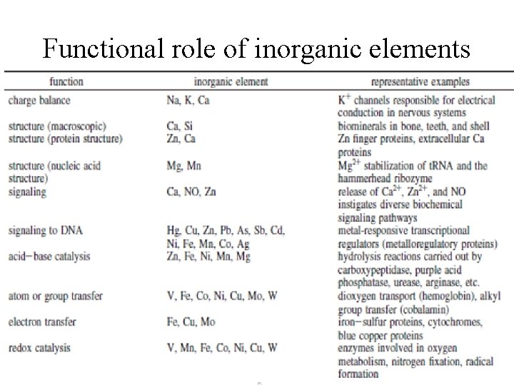 Functional role of inorganic elements 