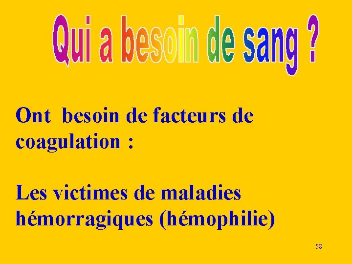 Ont besoin de facteurs de coagulation : Les victimes de maladies hémorragiques (hémophilie) 58