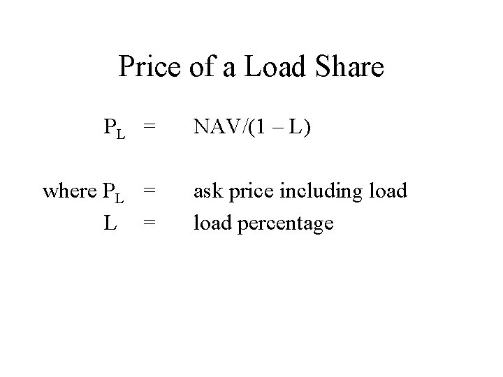 Price of a Load Share PL = where PL = NAV/(1 – L) ask