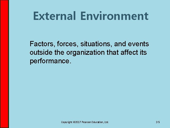 External Environment Factors, forces, situations, and events outside the organization that affect its performance.