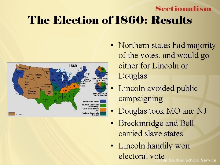 The Election of 1860: Results • Northern states had majority of the votes, and