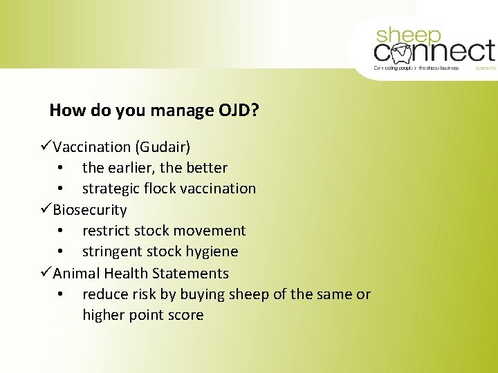 How do you manage OJD? üVaccination (Gudair) • the earlier, the better • strategic
