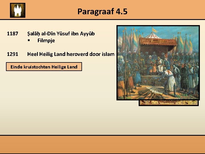 Paragraaf 4. 5 1187 Ṣalāḥ al-Dīn Yūsuf ibn Ayyūb § Filmpje 1291 Heel Heilig