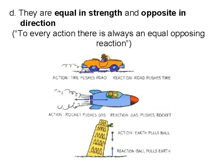 d. They are equal in strength and opposite in direction (“To every action there d. They are equal in strength and opposite in direction (“To every action there