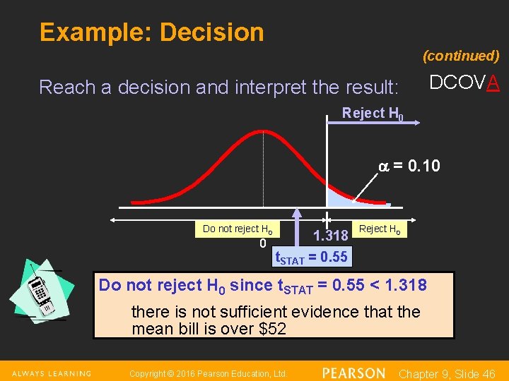 Example: Decision (continued) Reach a decision and interpret the result: DCOVA Reject H 0
